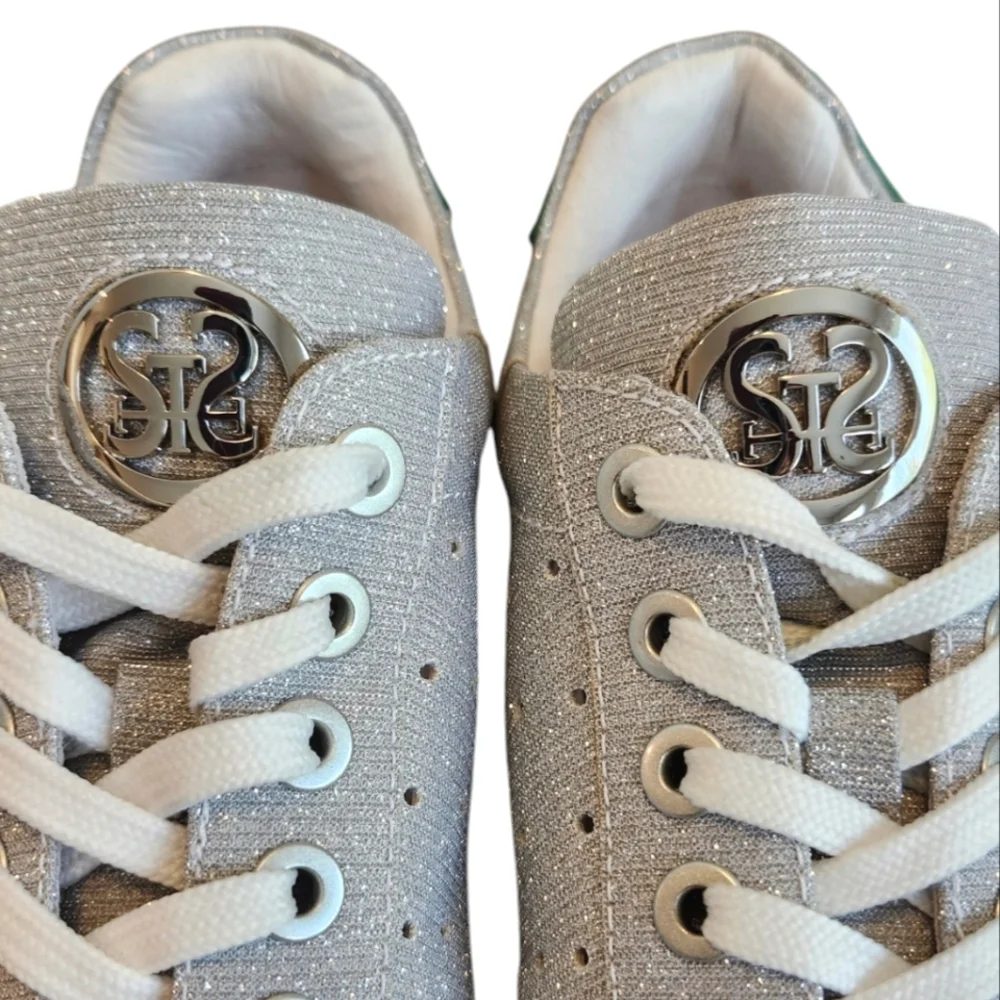Staccato Sparkly Silver Sneakers with‎ FUNKY Green Mouth Design Women’s Sneakers